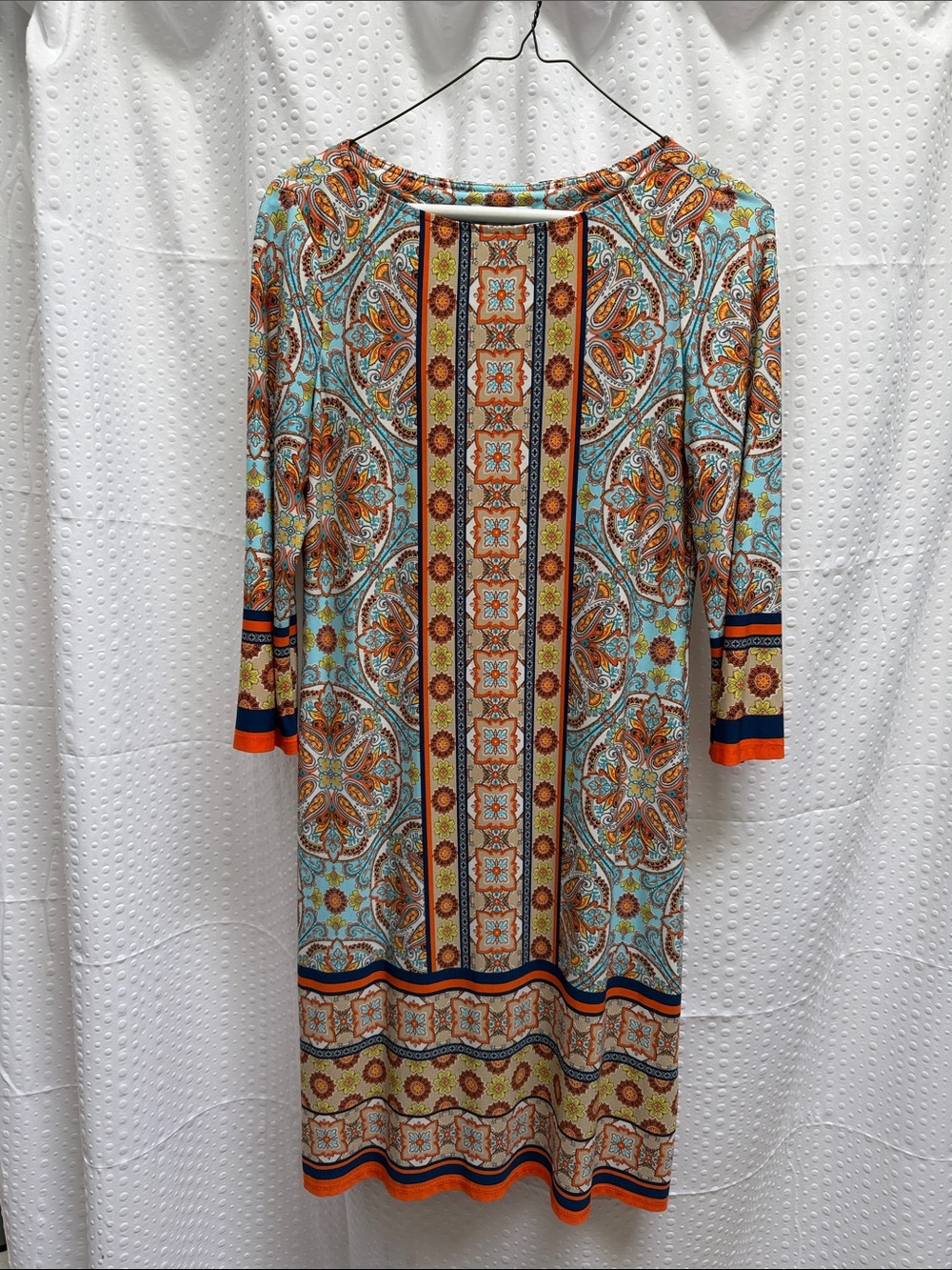 London Times Aqua and Orange Paisley-Print Midi Dress